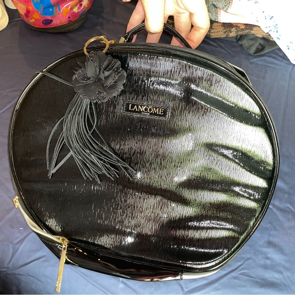 Lancome Shiny Black Patent Leather Tassel Rose Travel Cosmetics bag